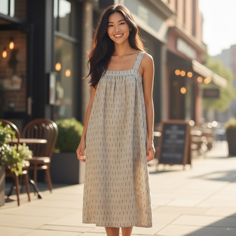 Grade & Gather Linen Cotton Striped Maxi Tank Dress Tan Black sz L Peekaboo Back